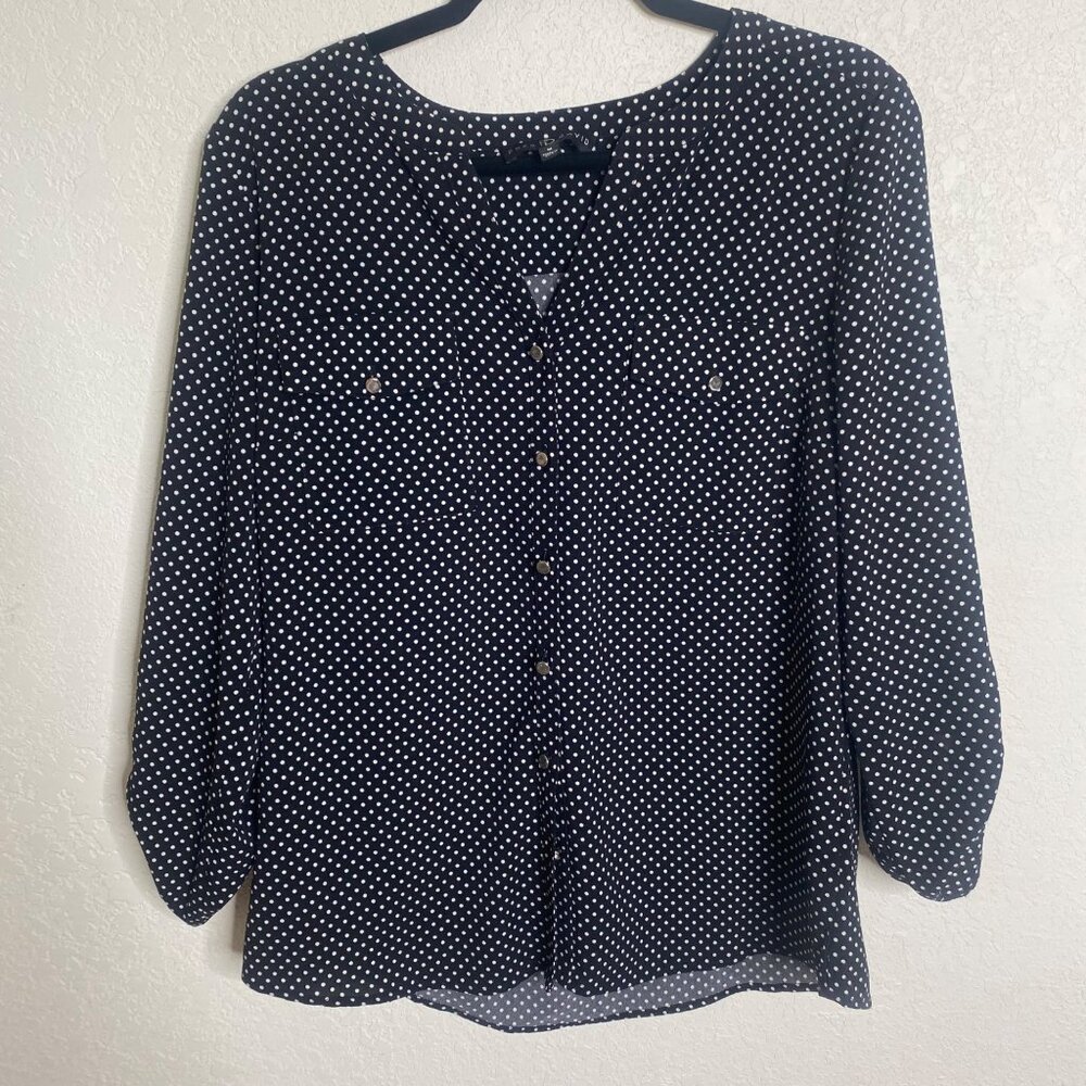 Fred David Black & White Polka Dot Button-Down Blouse Womens M Polyester Spandex